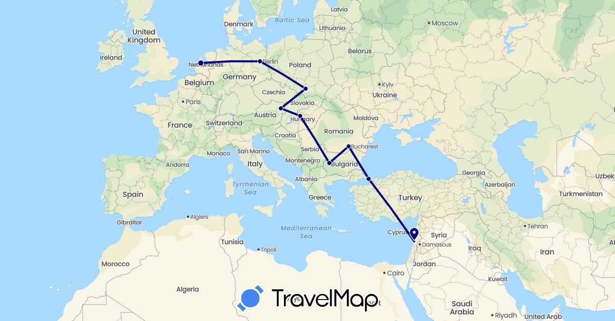 TravelMap itinerary: driving in Austria, Bulgaria, Germany, Hungary, Lebanon, Netherlands, Poland, Romania, Turkey (Asia, Europe)